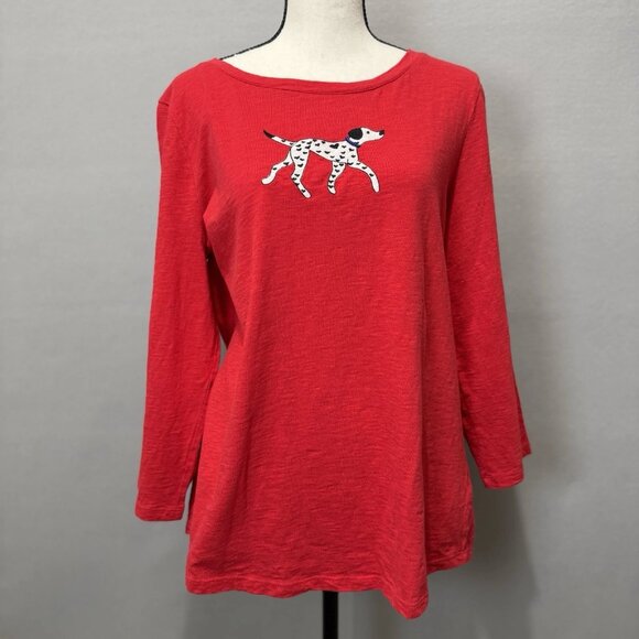Talbots Cotton Tee Top Red Women’s Sz L 3/4 Sleeve Embroidered Dalmatian Dog Pup - Picture 1 of 7